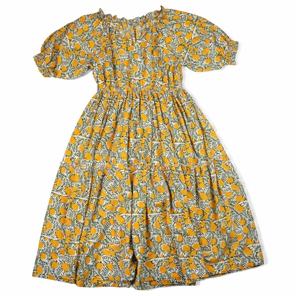 Mille Zoe Dress M Citrus Lemon Print Cotton Smocked Waist Midi Puff Sleeve
